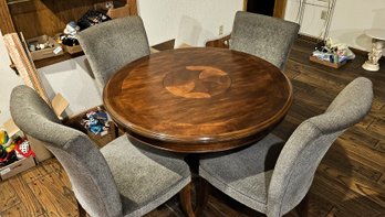Exton Round Pedestal Table 42-in Diameter With Glass Top Plus Four Winslow Cloth Side Chairs, Nice Shape