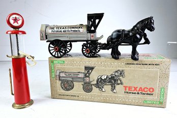 Texaco -  Diecast Horse And Tanker Bank With Key-Texaco Gas Pump 7.5 In Tall