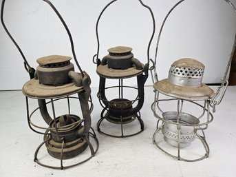 3 Railroad Lanterns With No Glass Globes -cRR, Maine Central, B&M