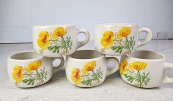 5 California Poppy Mugs Santa Fe Pattern- Syracuse China- All In Good Condition