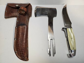 Vintage Western Axe And Knife Combo With Sheath Lot 2