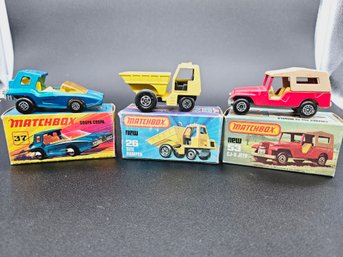 Matchbox Cars No37 Soopa Coopa, No26 Site Dumper, No53cj6 Jeep- With Boxes