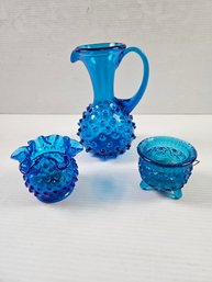 Three Pieces Blue Glass- 2 Are Fenton Hobnail, Pitcher Is Hand Blown