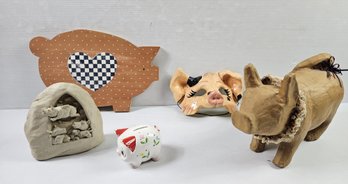 Pig Lot - Wood Wall Hanging, Paper Mache Pig, Paper Mache Mask, Vintage Ucagco Ceramic