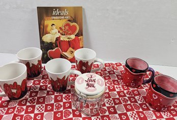 Valentines Lot , 32 Inch Runner, Ideals Book, 4 Ceramic Mugs