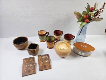 4 Coasters, Two Pottery Bowls That Had Candles, Four Mugs One Has Chips, 2 Used Candles