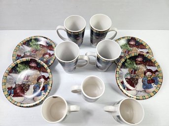 Susan Winget Cic Christmas, Four Plates, Four Tall Mugs, Three Short Mugs