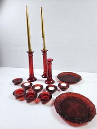 Three Red Tapered Glass Candlestick Holders One 7 In, Two 9 In, Eight Small Red Glass Tealight Holders