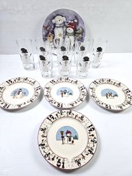 Snowman Dishes - Eight Glass Glasses 4 Are 7.5 Inch Plates, One Is 10.5 Inch Plate