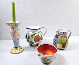 Bright And Cheery-candle Holder, Two Pitchers, Small Bowl