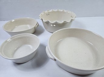 Four Pieces Of Pottery, Almond Colored, Three Largest Are Clay Pen Pottery