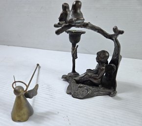 Vintage Heavy Metal Bronze Cherub, Candle Holder And Angel Snuffer