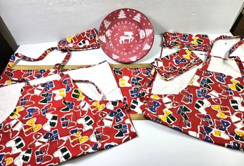 Christmas Set, 2 Aprons, One Table Runner 88 Inch Long, Ate Napkins And Large Reindeer Bowl From Italy