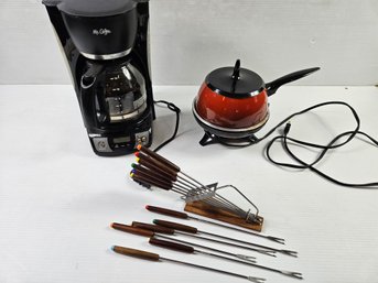 Oster Electric Fondue Pot And Forks And Mr Coffee Pot