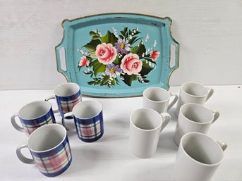 Vintage Metal Tray 17x11 And Coffee Cups, Blue Plaid Is A Pier 1