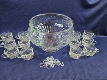 Vintage Glass Punch Bowl With Fruit Embossed 12 Cup Set