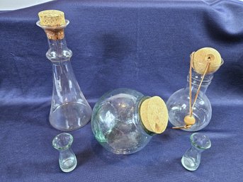 Three Glass Jars With Corks, Two Small Bud Vases -  Green Tint