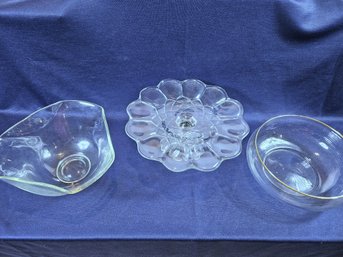 Pressed Glass Pedestal Cake Plate, Clear Tri Corner Glass Bowl, Gold Rimmed Bowl