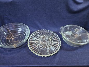 Pretty Glass -large Heavy Bowl, 2 Quart Anchor Casserole With Lid, Divided Tray