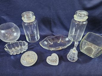 Glass- Bell, Sugar Holder, Two Lidded Jars