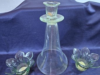 Three Candle Holders, All With Green Tint, Two Tulip Top