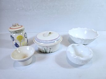 Pretty Dishes, Stoneware Covered Dish, Lollipop Lid Has Crack, 2 Milk Glass Dishes, Largest Pedestal