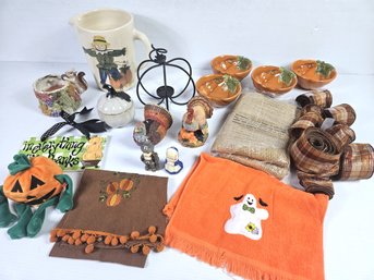 Nice Fall Lot -ceramic Items, Towels, Ribbon