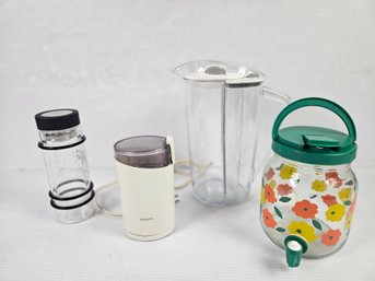 Sm Drink Dispenser, Glass Water Bottle With Infuser Insert, Coffee Grinder, Loasserstrom Strahl 2 Quart Pitch