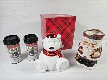 Santa Pitcher, Two Insulated Cups, Slatkin Company Polar Bear Candle Holder