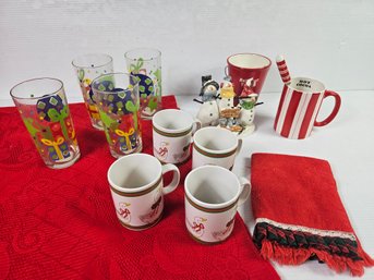 64x90 Red Tablecloth, Coffee Cups, Reindeer Treats Cup, Welcome Friends By Nancy Williams, 4 Glasses