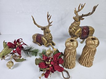 Gold Christmas, Two Candle Holders, Two Reindeer, Floral