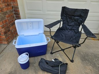 Rubbermaid Ice Chest And Beverage Container, Folding Chair In Bag