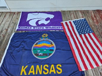 Three Large Flags-Kansas, Us, K-State 162x48, Loose Stripe On USA Flag, Kansas Flag Has Some Fraying