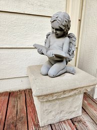 Concrete 3-piece Base And Plaster Angel With Book 14 Inch Tall Angel