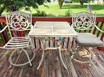 28-in Square High Metal Table With Two Chairs That Swivel, Missing A Cushion