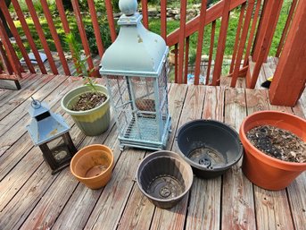 Bird Cage With Candle Holder, Wood With Glass Sides Candle Holder, Plastic Pots