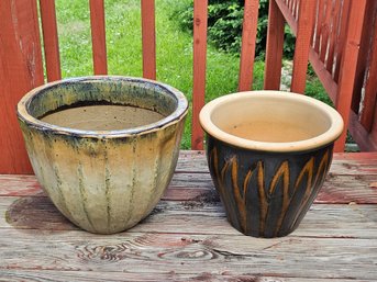 Two Glazed Pottery Flower Pots-  12 And 14.5 In Diameter