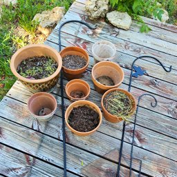 One Glazed 11.5-in Pottery Flower Pot And 7 Terracotta, Three Shepherds Hooks- Small To Large