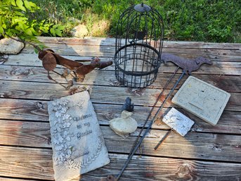 Yard Art -2 Metal Dogs, Bird Cage, Bell, Plaster Plaques