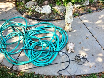 Garden Hose With Misc Yard Art, Both Turtles Have Broken Feet, Garden Hook, Pumpkin Candle Holder