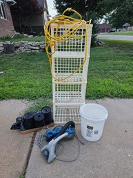 Plastic Square Shelf, Extension Cord, Trash Bags, Dirt Devil, Bucket