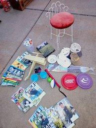 Vanity Chair That Needs Recovered, Golf Puzzle, Magazines, Balls, Dog Dish, Hats Etc