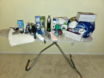 Vintage Ironing Board, Metal Frame Plus Bath Rug, Toiletries And Few Paper Items