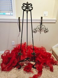 51' Metal Easel, 2 Wreath Holders And Red Netting