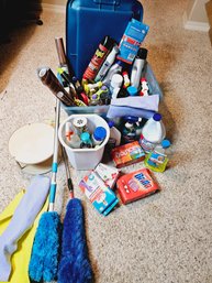 Tote W/lid Full Of Cleaning Supplies And Bug Spray, Shampooer, 2 Dusters, Etc