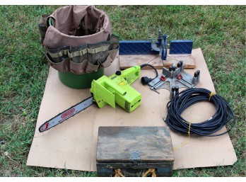 Poulan Electric Chainsaw, Drill Bit Box, Miter Box Stand