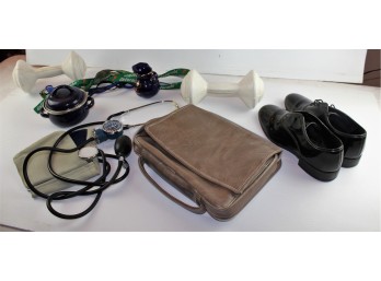 Dumbbells, Dress Shoes Size 7, Purse, Stethoscope