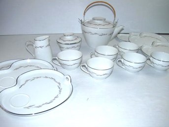 Noritake Snack Sets W/ Teapot, Sugar And Creamer, Graywood Pattern-6 Plates, 6 Cups - No Chips