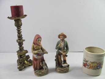 Heavy Brass Candlestick, 2 Vintage Homeco Man & Woman, Small Crock