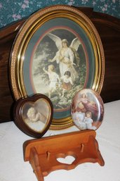 Angel Wall Hangings. Large 1 Is 23' Oval, Small Are Bradford Exchange, Wooden Shelf 12.5' Wide